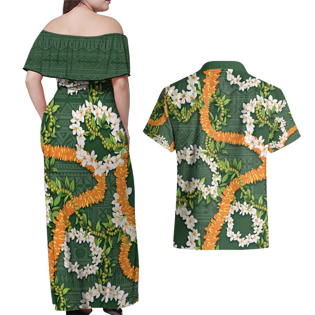 Aloha Festive Hawaii Couples Matching Off Shoulder Maxi Dress and Hawaiian Shirt Mokihana - Maile and Ilima on Forest Green LT7 - Polynesian Pride