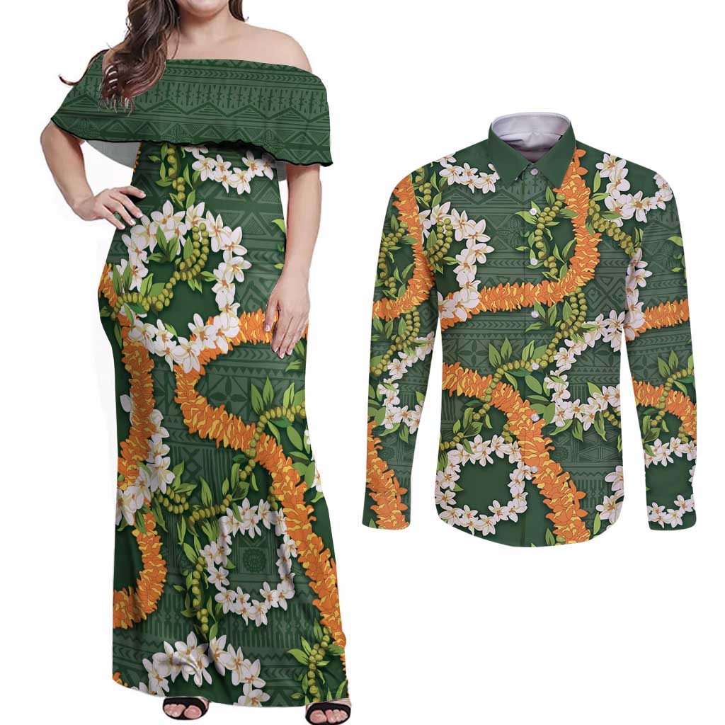 Aloha Festive Hawaii Couples Matching Off Shoulder Maxi Dress and Long Sleeve Button Shirt Mokihana - Maile and Ilima on Forest Green LT7 Forest Green - Polynesian Pride