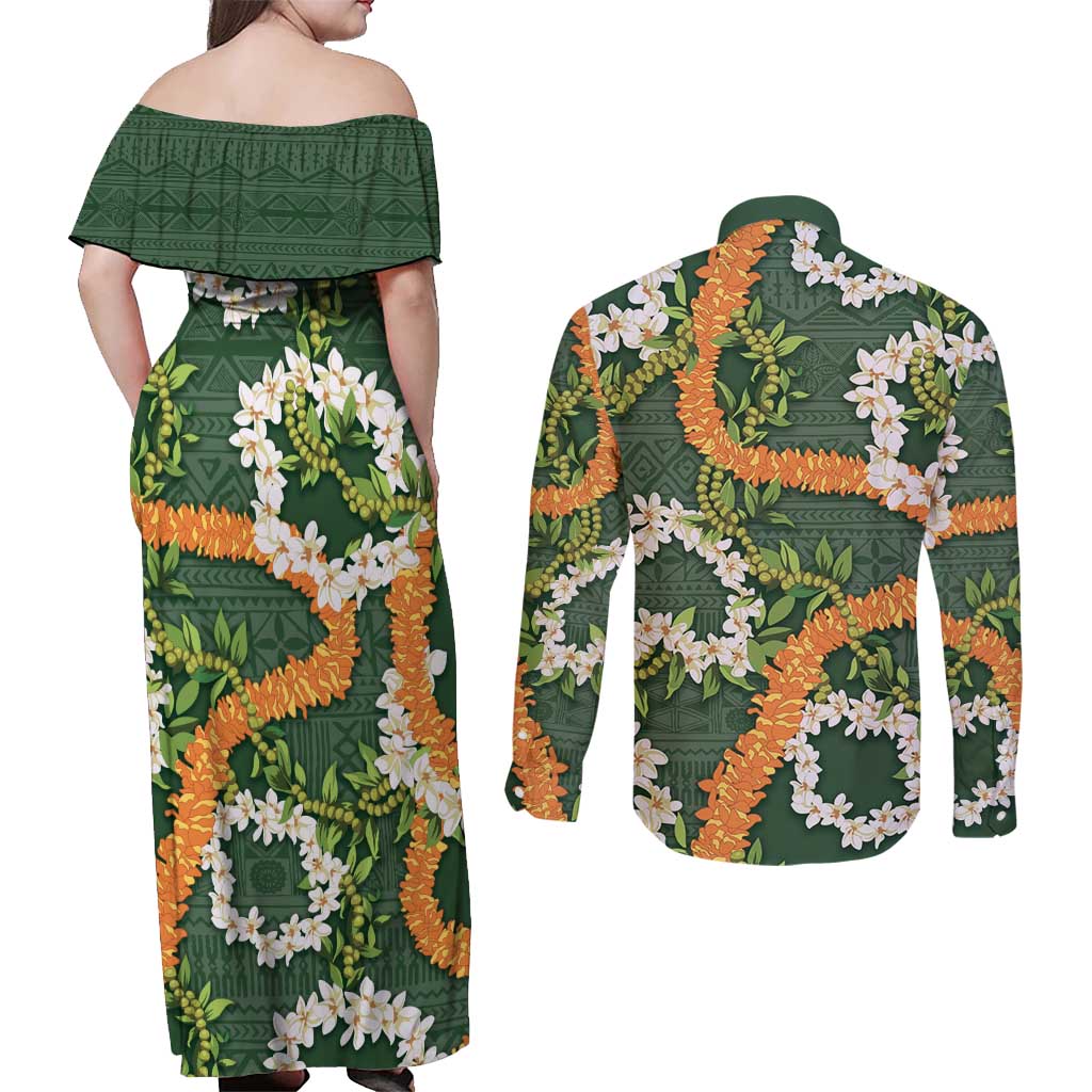 Aloha Festive Hawaii Couples Matching Off Shoulder Maxi Dress and Long Sleeve Button Shirt Mokihana - Maile and Ilima on Forest Green LT7 - Polynesian Pride
