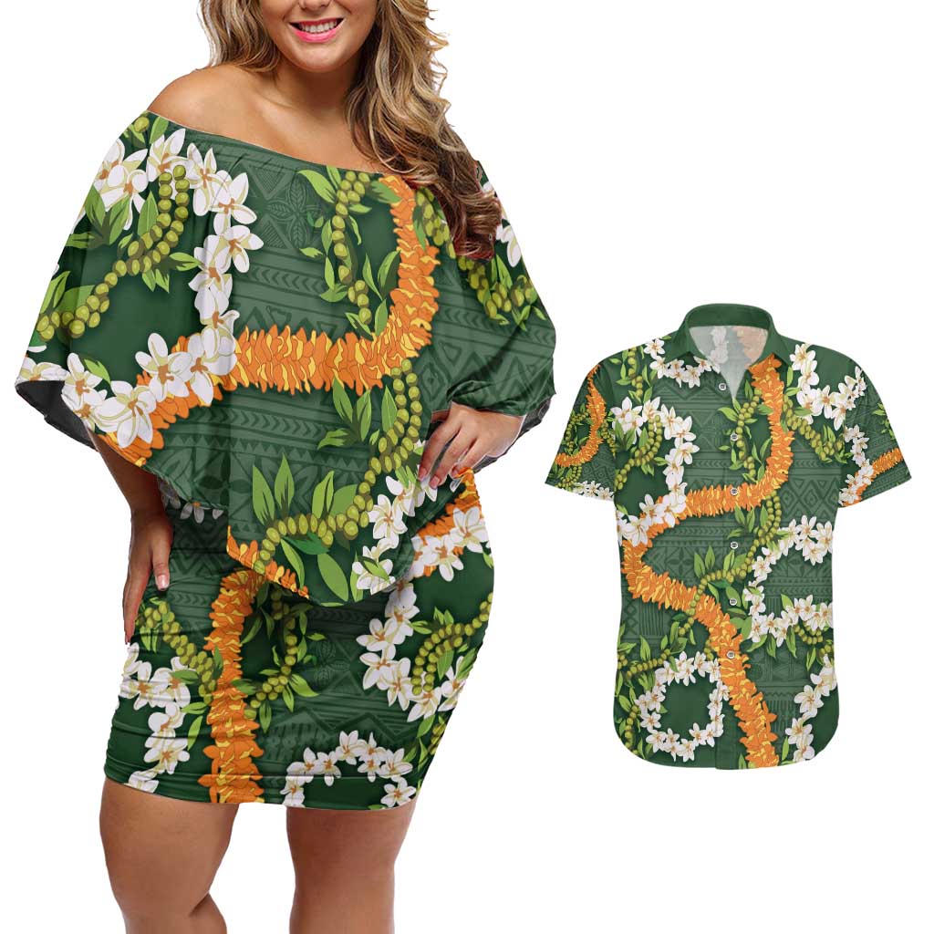 Aloha Festive Hawaii Couples Matching Off Shoulder Short Dress and Hawaiian Shirt Mokihana - Maile and Ilima on Forest Green LT7 Forest Green - Polynesian Pride