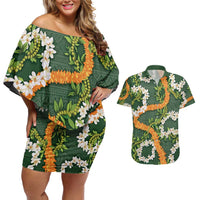 Aloha Festive Hawaii Couples Matching Off Shoulder Short Dress and Hawaiian Shirt Mokihana - Maile and Ilima on Forest Green LT7 Forest Green - Polynesian Pride