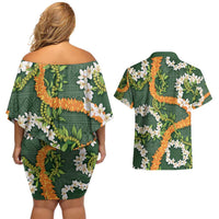Aloha Festive Hawaii Couples Matching Off Shoulder Short Dress and Hawaiian Shirt Mokihana - Maile and Ilima on Forest Green LT7 - Polynesian Pride