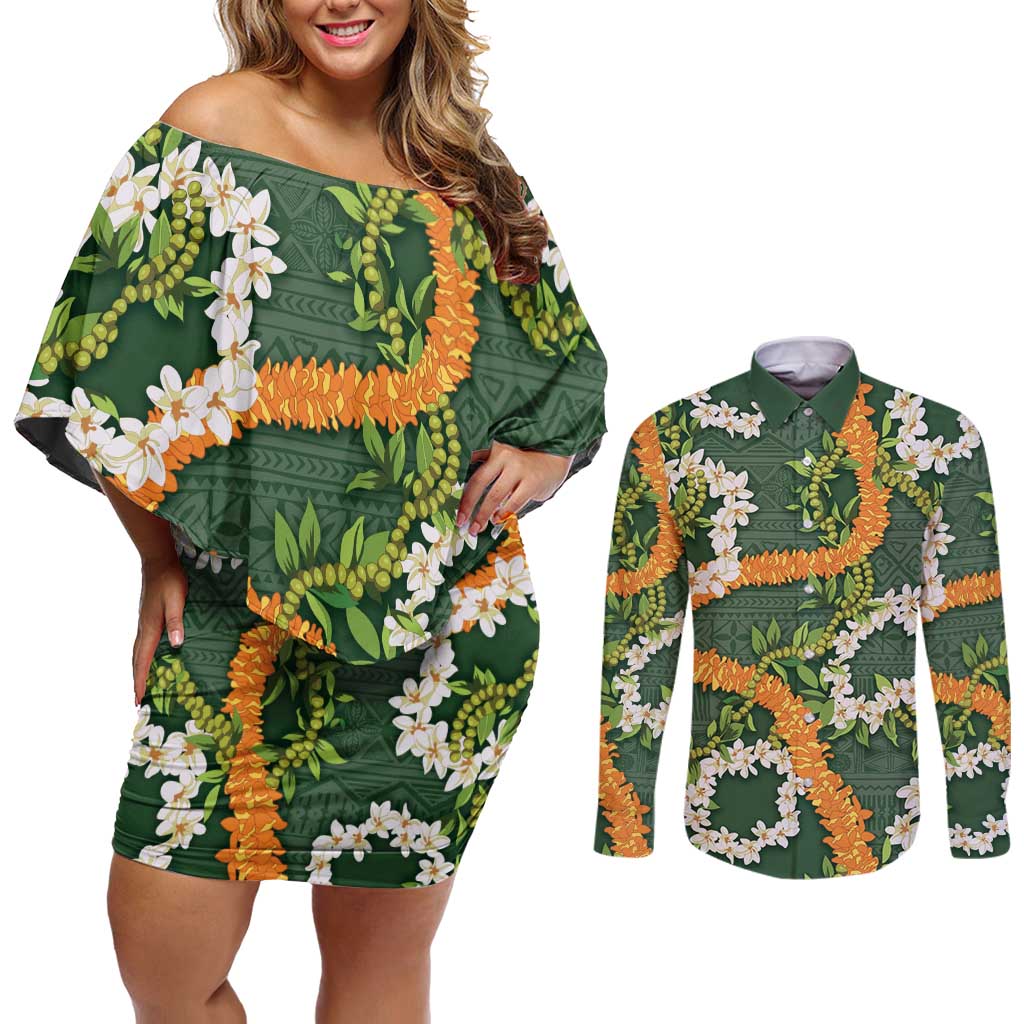 Aloha Festive Hawaii Couples Matching Off Shoulder Short Dress and Long Sleeve Button Shirt Mokihana - Maile and Ilima on Forest Green LT7 Forest Green - Polynesian Pride