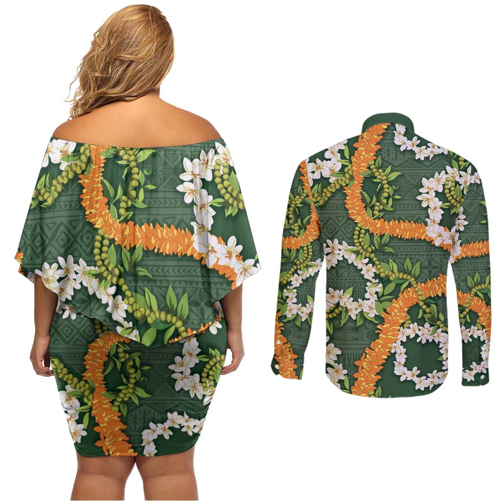 Aloha Festive Hawaii Couples Matching Off Shoulder Short Dress and Long Sleeve Button Shirt Mokihana - Maile and Ilima on Forest Green LT7 - Polynesian Pride