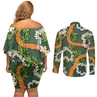 Aloha Festive Hawaii Couples Matching Off Shoulder Short Dress and Long Sleeve Button Shirt Mokihana - Maile and Ilima on Forest Green LT7 - Polynesian Pride