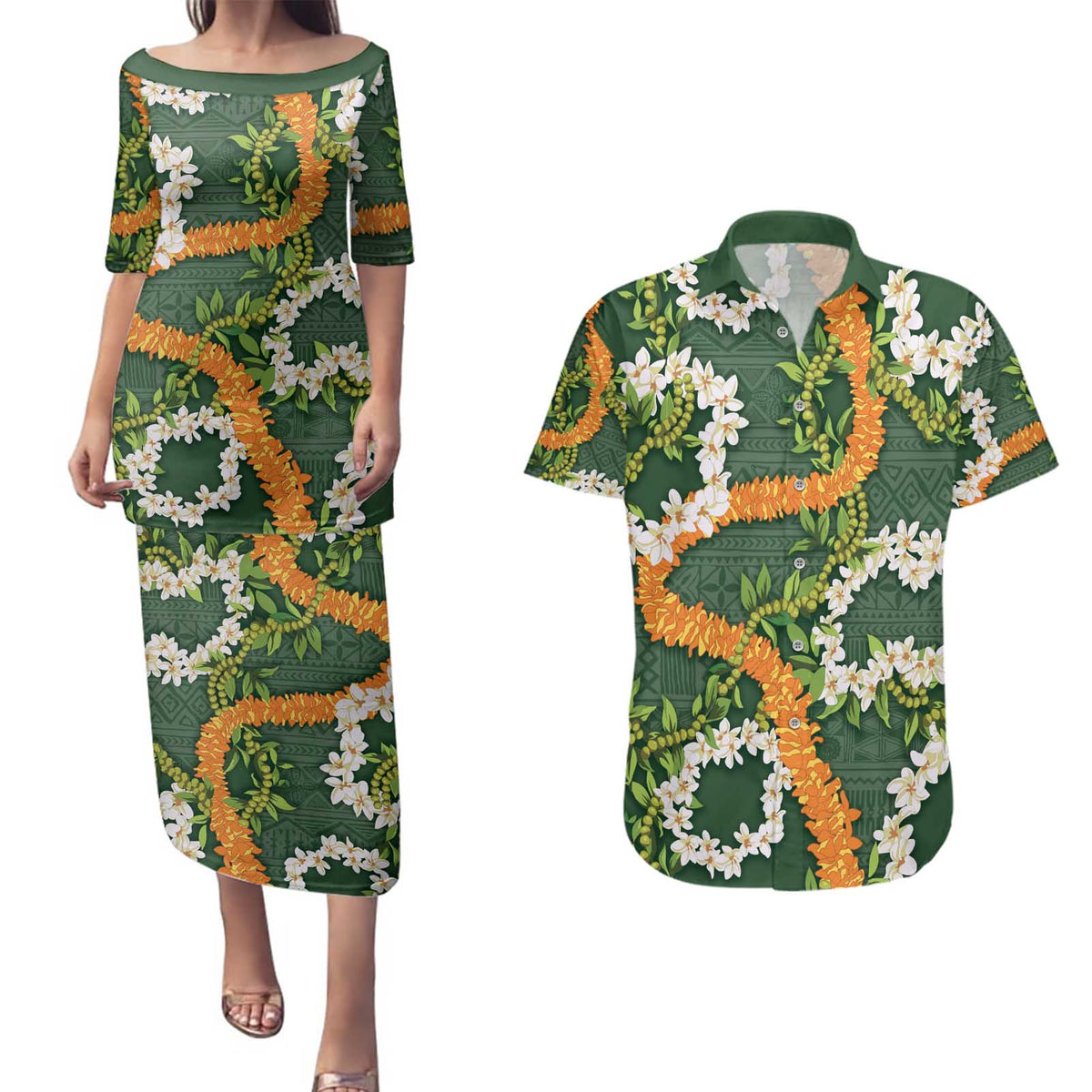 Aloha Festive Hawaii Couples Matching Puletasi and Hawaiian Shirt Mokihana - Maile and Ilima on Forest Green LT7 Forest Green - Polynesian Pride