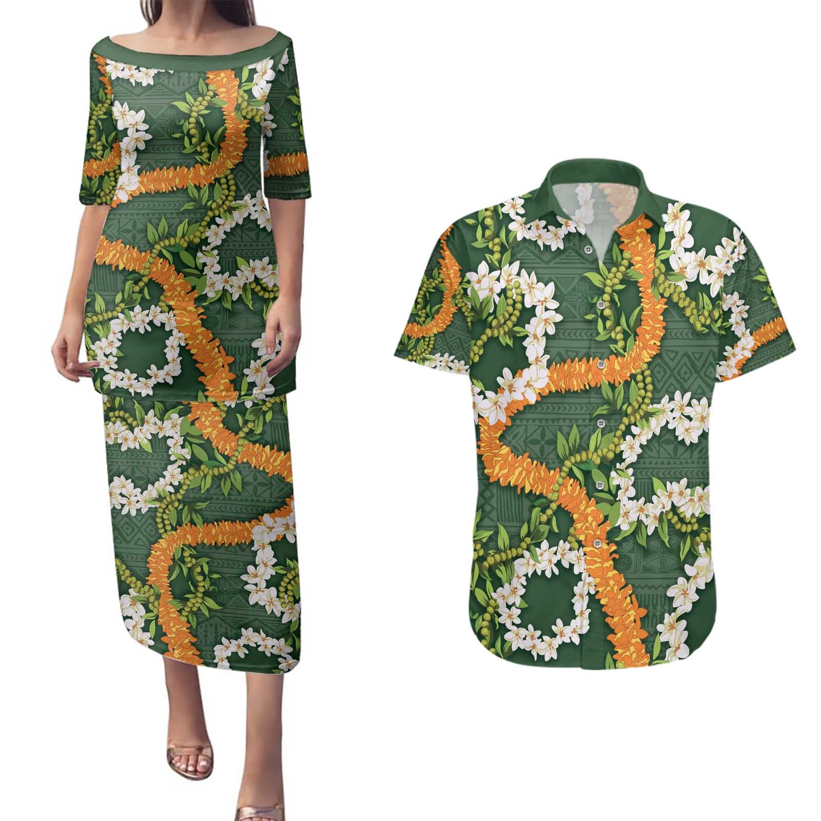 Aloha Festive Hawaii Couples Matching Puletasi and Hawaiian Shirt Mokihana - Maile and Ilima on Forest Green - Polynesian Pride