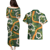 Aloha Festive Hawaii Couples Matching Puletasi and Hawaiian Shirt Mokihana - Maile and Ilima on Forest Green LT7 - Polynesian Pride