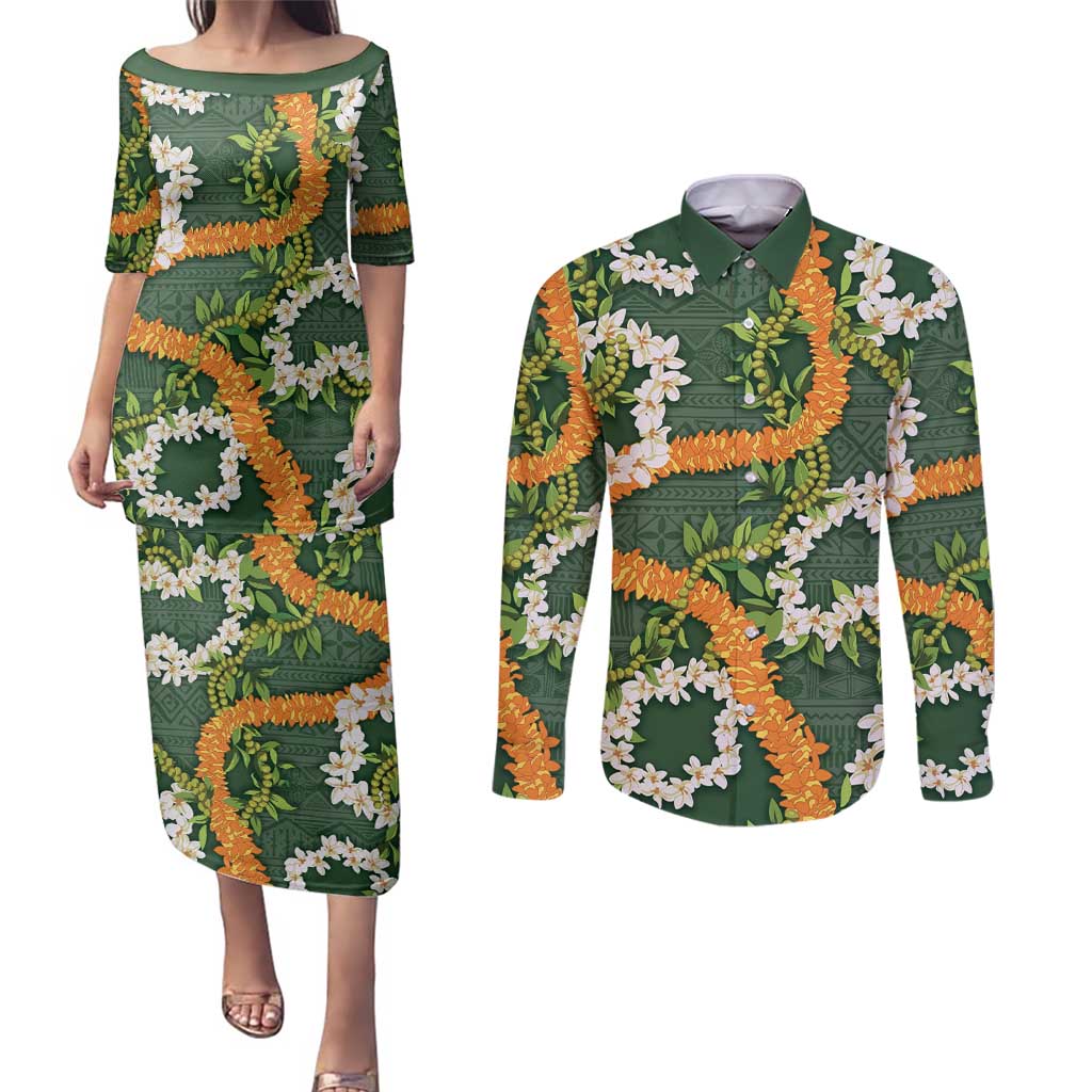 Aloha Festive Hawaii Couples Matching Puletasi and Long Sleeve Button Shirt Mokihana - Maile and Ilima on Forest Green LT7 Forest Green - Polynesian Pride