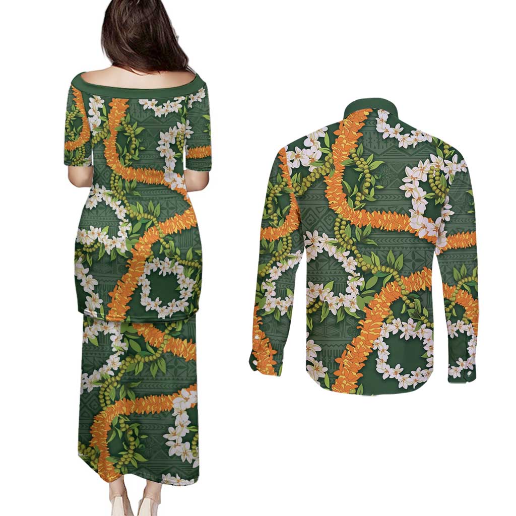 Aloha Festive Hawaii Couples Matching Puletasi and Long Sleeve Button Shirt Mokihana - Maile and Ilima on Forest Green LT7 - Polynesian Pride