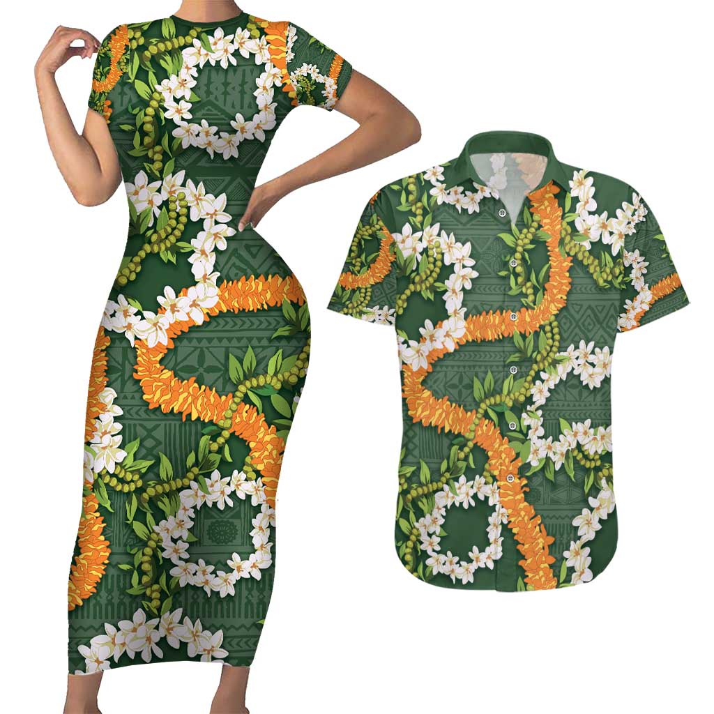 Aloha Festive Hawaii Couples Matching Short Sleeve Bodycon Dress and Hawaiian Shirt Mokihana - Maile and Ilima on Forest Green LT7 Forest Green - Polynesian Pride