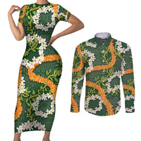 Aloha Festive Hawaii Couples Matching Short Sleeve Bodycon Dress and Long Sleeve Button Shirt Mokihana - Maile and Ilima on Forest Green LT7 Forest Green - Polynesian Pride