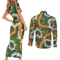 Aloha Festive Hawaii Couples Matching Short Sleeve Bodycon Dress and Long Sleeve Button Shirt Mokihana - Maile and Ilima on Forest Green LT7 - Polynesian Pride