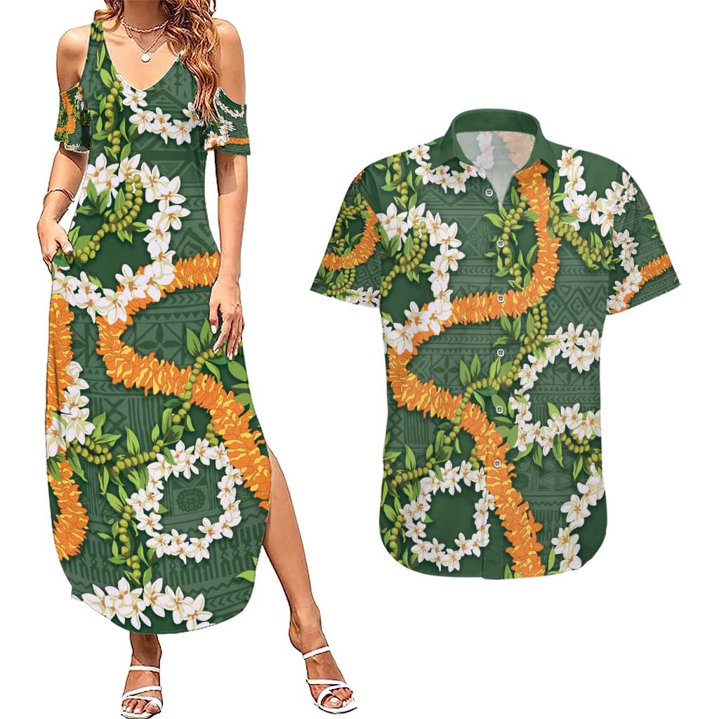 Aloha Festive Hawaii Couples Matching Summer Maxi Dress and Hawaiian Shirt Mokihana - Maile and Ilima on Forest Green LT7 Forest Green - Polynesian Pride