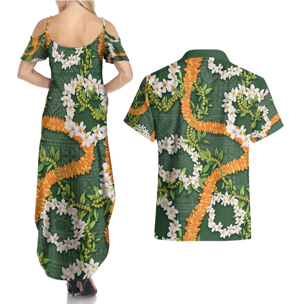 Aloha Festive Hawaii Couples Matching Summer Maxi Dress and Hawaiian Shirt Mokihana - Maile and Ilima on Forest Green LT7 - Polynesian Pride