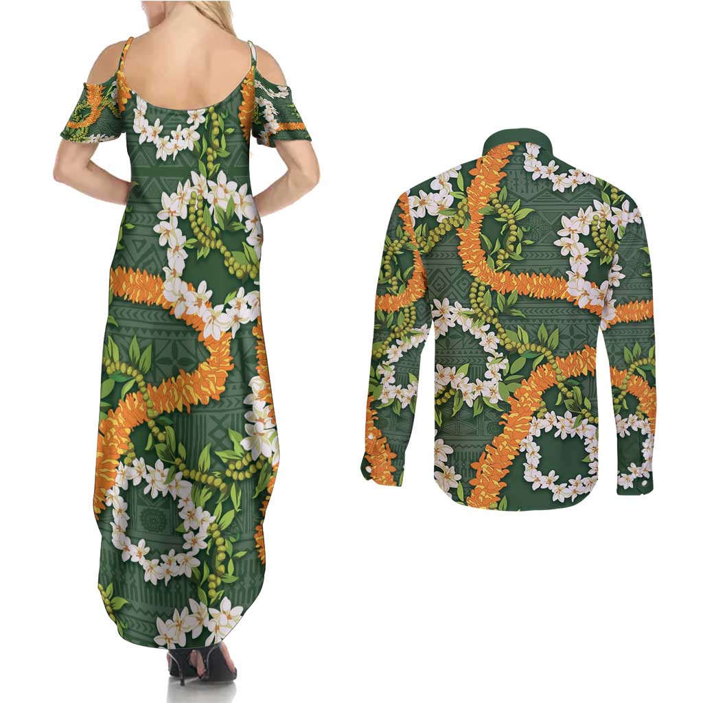 Aloha Festive Hawaii Couples Matching Summer Maxi Dress and Long Sleeve Button Shirt Mokihana - Maile and Ilima on Forest Green LT7 - Polynesian Pride