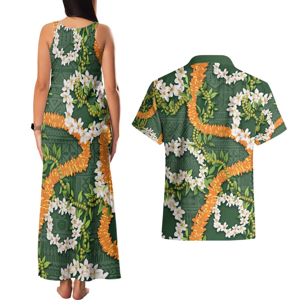 Aloha Festive Hawaii Couples Matching Tank Maxi Dress and Hawaiian Shirt Mokihana - Maile and Ilima on Forest Green LT7 - Polynesian Pride
