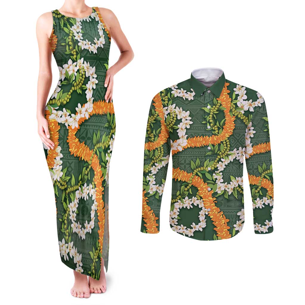 Aloha Festive Hawaii Couples Matching Tank Maxi Dress and Long Sleeve Button Shirt Mokihana - Maile and Ilima on Forest Green LT7 Forest Green - Polynesian Pride