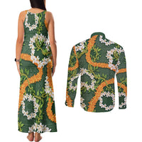 Aloha Festive Hawaii Couples Matching Tank Maxi Dress and Long Sleeve Button Shirt Mokihana - Maile and Ilima on Forest Green LT7 - Polynesian Pride