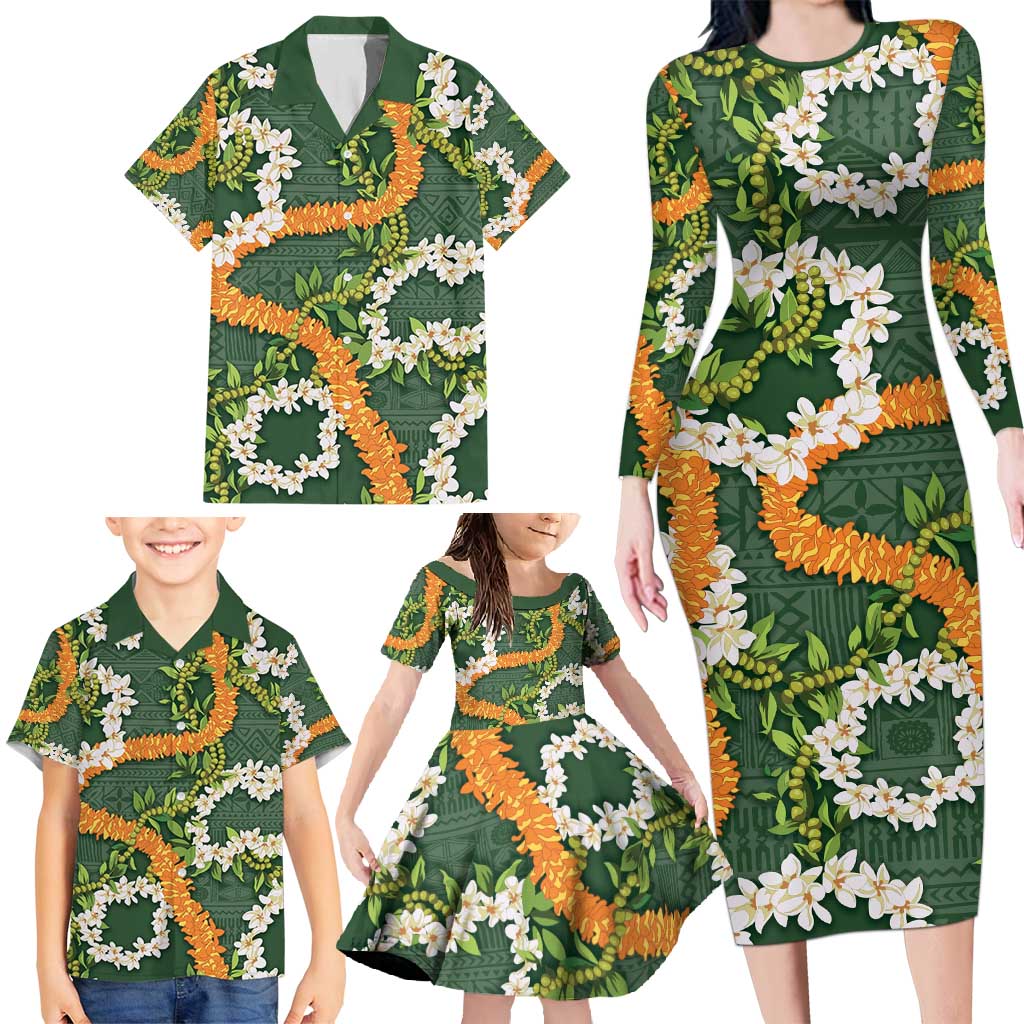 Aloha Festive Hawaii Family Matching Long Sleeve Bodycon Dress and Hawaiian Shirt Mokihana - Maile and Ilima on Forest Green LT7 - Polynesian Pride