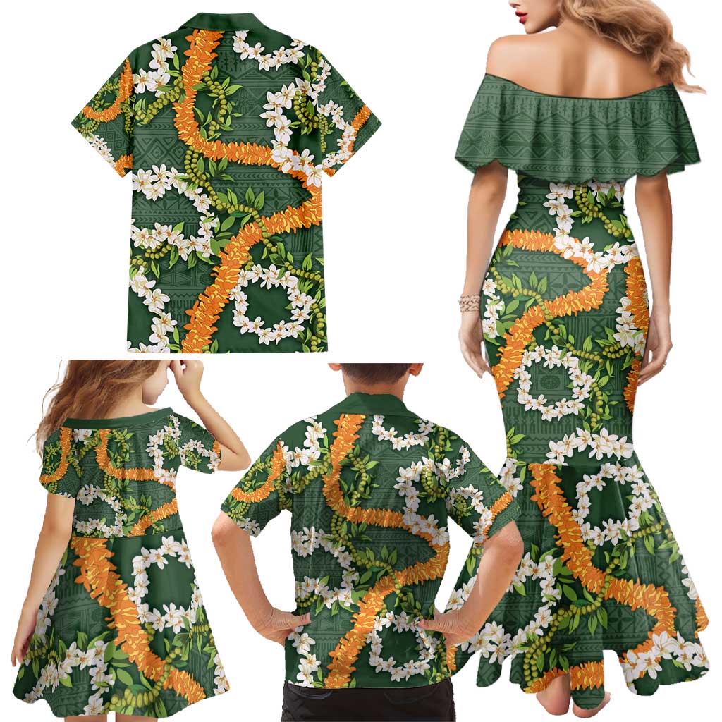 Aloha Festive Hawaii Family Matching Mermaid Dress and Hawaiian Shirt Mokihana - Maile and Ilima on Forest Green LT7 - Polynesian Pride