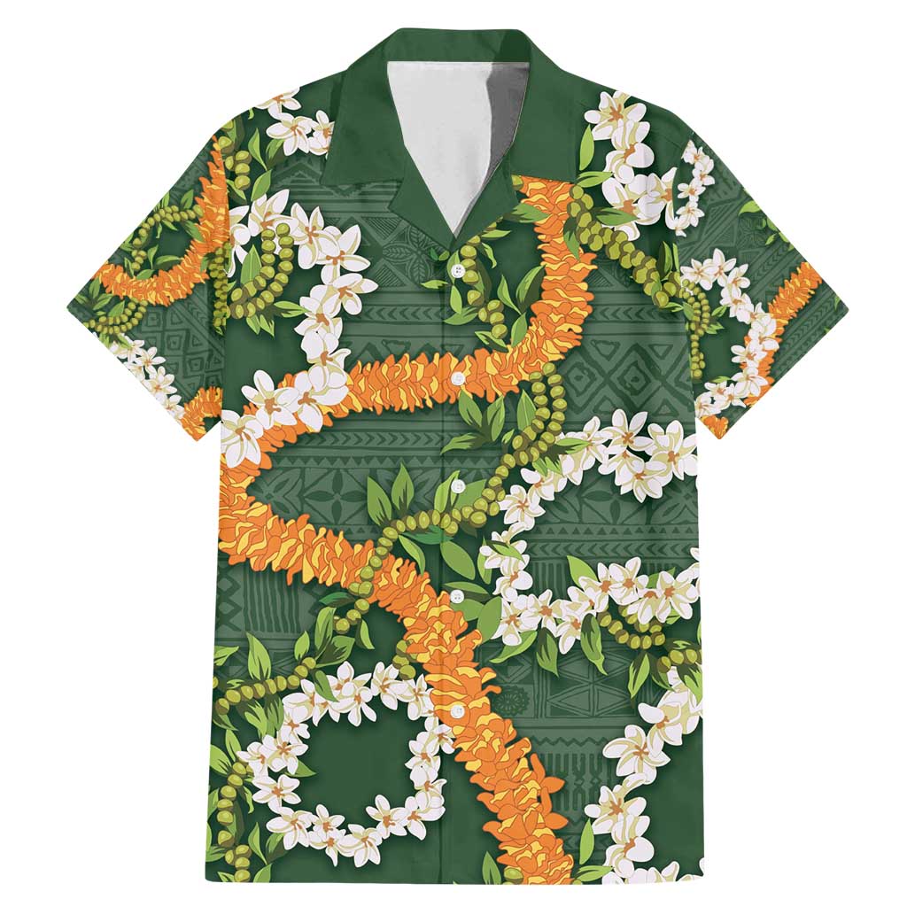 Aloha Festive Hawaii Family Matching Mermaid Dress and Hawaiian Shirt Mokihana - Maile and Ilima on Forest Green LT7 Dad's Shirt - Short Sleeve Forest Green - Polynesian Pride