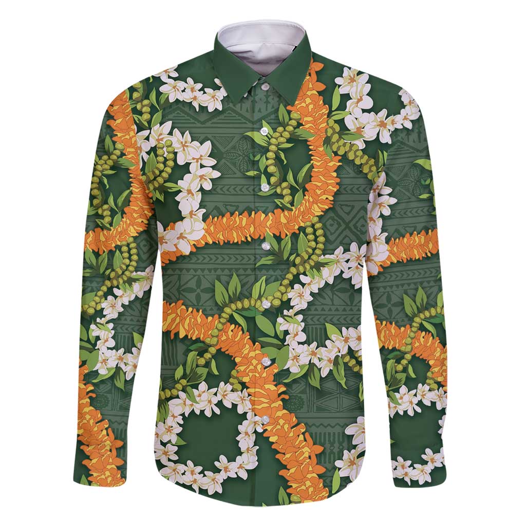Aloha Festive Hawaii Family Matching Mermaid Dress and Hawaiian Shirt Mokihana - Maile and Ilima on Forest Green LT7 Dad's Shirt - Long Sleeve Forest Green - Polynesian Pride
