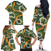 Aloha Festive Hawaii Family Matching Off The Shoulder Long Sleeve Dress and Hawaiian Shirt Mokihana - Maile and Ilima on Forest Green LT7 - Polynesian Pride