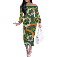 Aloha Festive Hawaii Family Matching Off The Shoulder Long Sleeve Dress and Hawaiian Shirt Mokihana - Maile and Ilima on Forest Green LT7 Mom's Dress Forest Green - Polynesian Pride