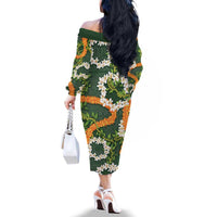 Aloha Festive Hawaii Family Matching Off The Shoulder Long Sleeve Dress and Hawaiian Shirt Mokihana - Maile and Ilima on Forest Green LT7 - Polynesian Pride