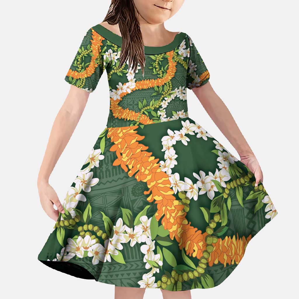 Aloha Festive Hawaii Family Matching Off Shoulder Maxi Dress and Hawaiian Shirt Mokihana - Maile and Ilima on Forest Green LT7 Daughter's Dress Forest Green - Polynesian Pride