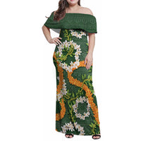 Aloha Festive Hawaii Family Matching Off Shoulder Maxi Dress and Hawaiian Shirt Mokihana - Maile and Ilima on Forest Green LT7 Mom's Dress Forest Green - Polynesian Pride