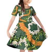 Aloha Festive Hawaii Family Matching Off Shoulder Short Dress and Hawaiian Shirt Mokihana - Maile and Ilima on Forest Green LT7 Daughter's Dress Forest Green - Polynesian Pride