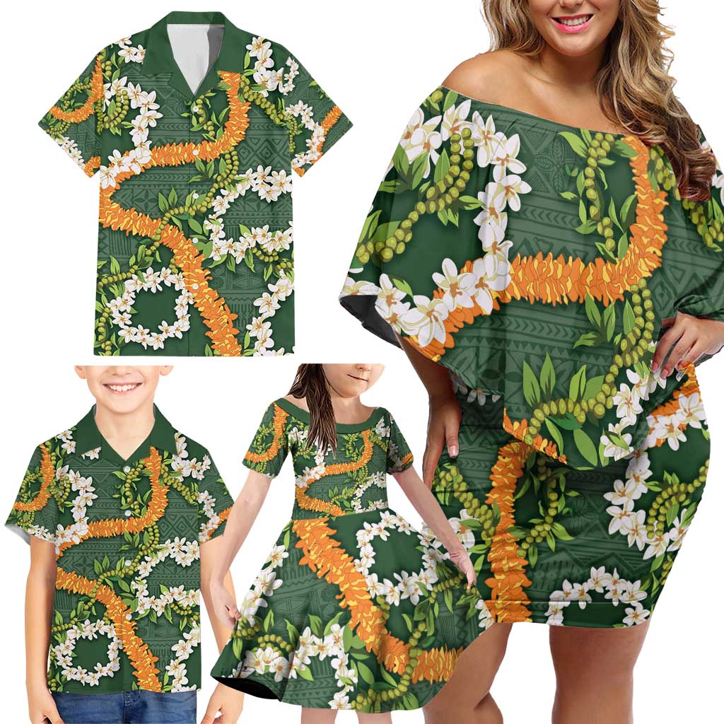 Aloha Festive Hawaii Family Matching Off Shoulder Short Dress and Hawaiian Shirt Mokihana - Maile and Ilima on Forest Green LT7 - Polynesian Pride