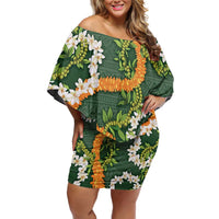 Aloha Festive Hawaii Family Matching Off Shoulder Short Dress and Hawaiian Shirt Mokihana - Maile and Ilima on Forest Green LT7 Mom's Dress Forest Green - Polynesian Pride