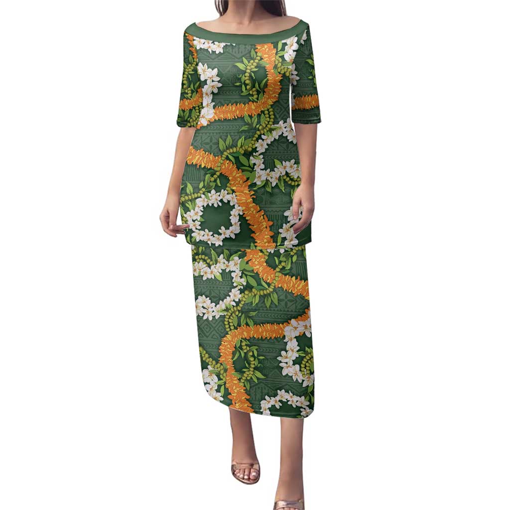 Aloha Festive Hawaii Family Matching Puletasi and Hawaiian Shirt Mokihana - Maile and Ilima on Forest Green LT7 Mom's Dress Forest Green - Polynesian Pride