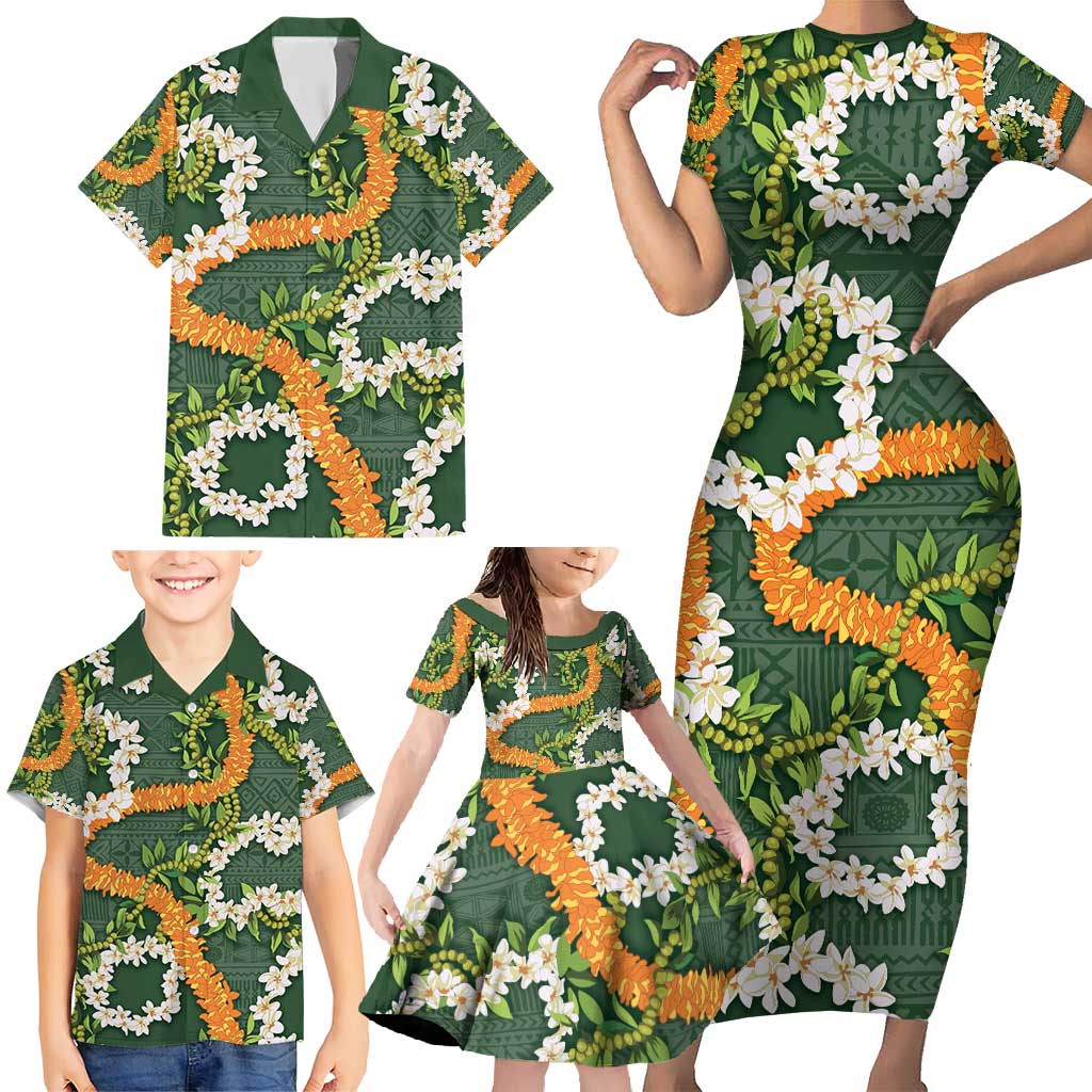 Aloha Festive Hawaii Family Matching Short Sleeve Bodycon Dress and Hawaiian Shirt Mokihana - Maile and Ilima on Forest Green LT7 - Polynesian Pride