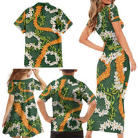 Aloha Festive Hawaii Family Matching Short Sleeve Bodycon Dress and Hawaiian Shirt Mokihana - Maile and Ilima on Forest Green LT7 - Polynesian Pride