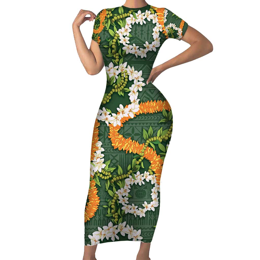 Aloha Festive Hawaii Family Matching Short Sleeve Bodycon Dress and Hawaiian Shirt Mokihana - Maile and Ilima on Forest Green LT7 Mom's Dress Forest Green - Polynesian Pride