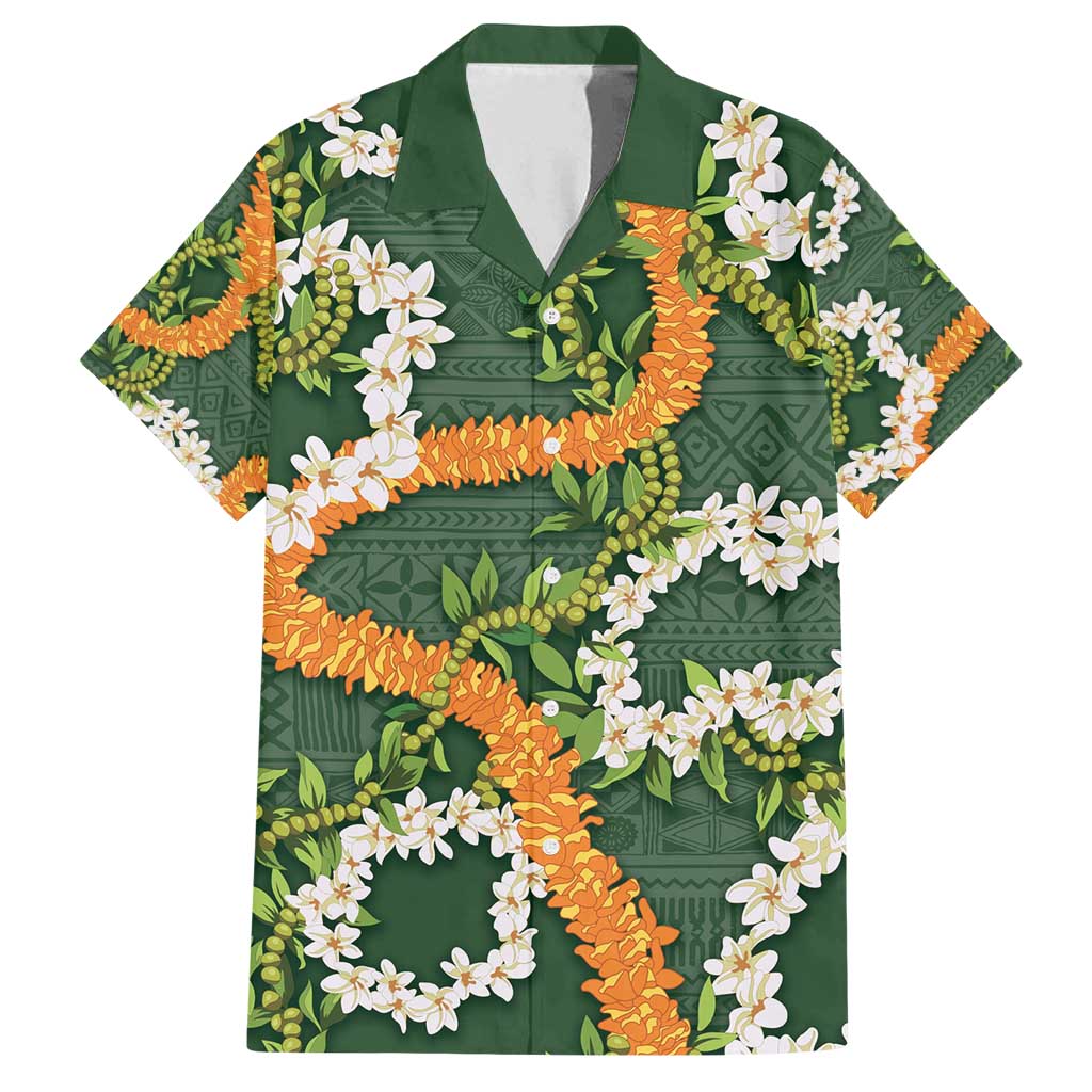 Aloha Festive Hawaii Family Matching Summer Maxi Dress and Hawaiian Shirt Mokihana - Maile and Ilima on Forest Green LT7 Dad's Shirt - Short Sleeve Forest Green - Polynesian Pride
