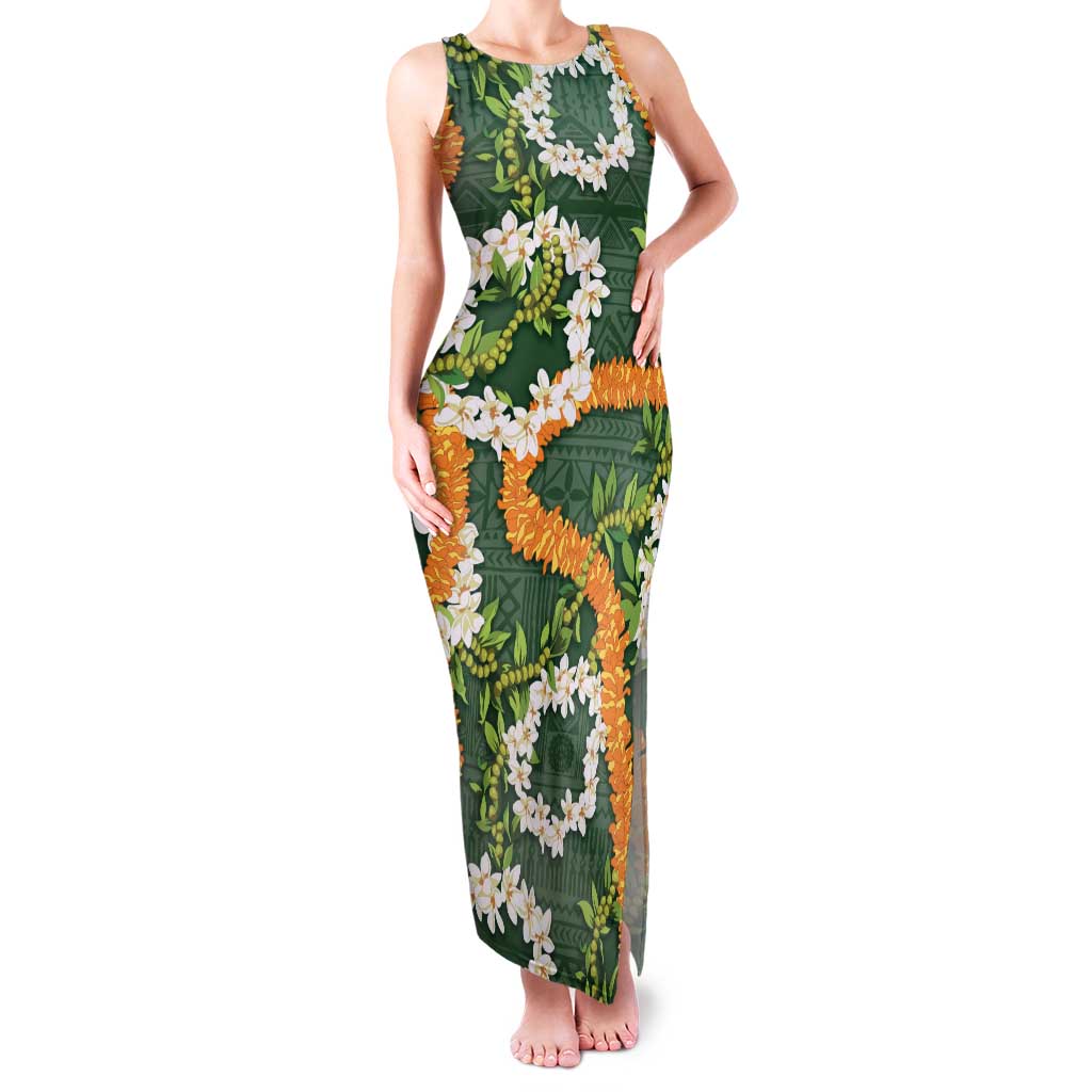 Aloha Festive Hawaii Family Matching Tank Maxi Dress and Hawaiian Shirt Mokihana - Maile and Ilima on Forest Green LT7 Mom's Dress Forest Green - Polynesian Pride
