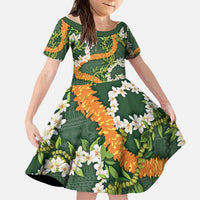 Aloha Festive Hawaii Kid Short Sleeve Dress Mokihana - Maile and Ilima on Forest Green - Polynesian Pride