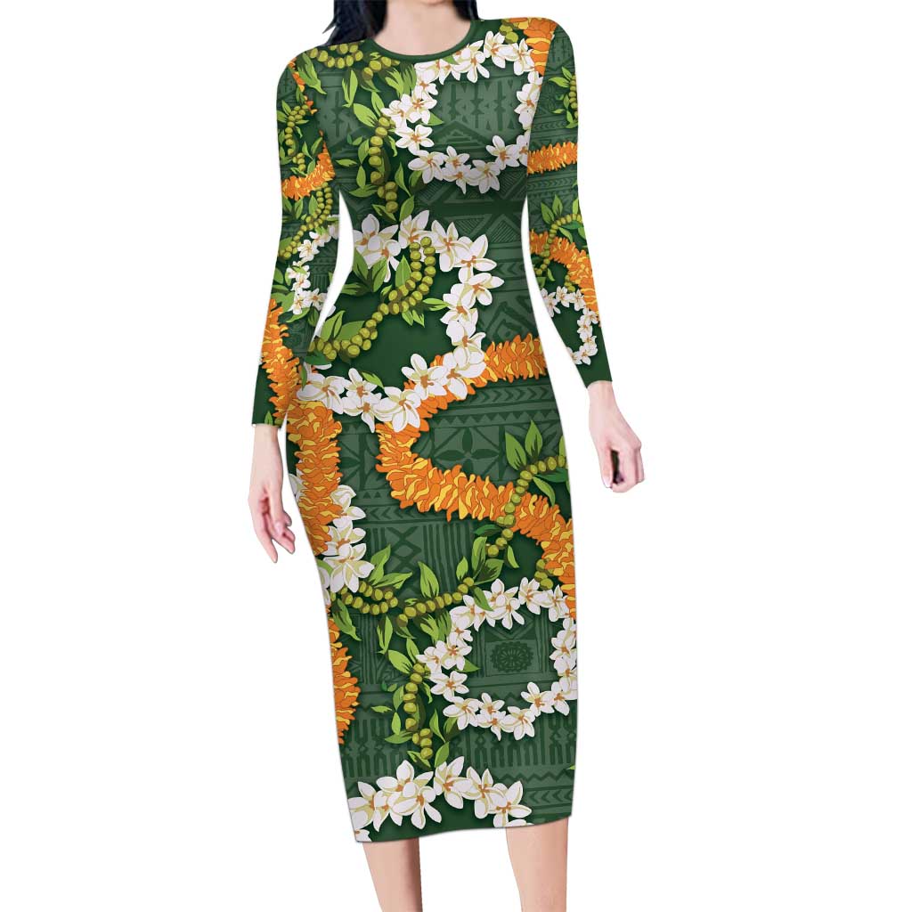 Aloha Festive Hawaii Long Sleeve Bodycon Dress Mokihana - Maile and Ilima on Forest Green LT7 Long Dress Forest Green - Polynesian Pride