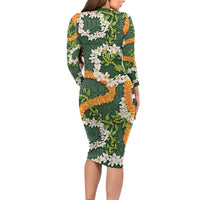 Aloha Festive Hawaii Long Sleeve Bodycon Dress Mokihana - Maile and Ilima on Forest Green LT7 - Polynesian Pride