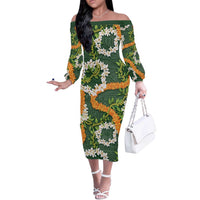 Aloha Festive Hawaii Off The Shoulder Long Sleeve Dress Mokihana - Maile and Ilima on Forest Green LT7 Women Forest Green - Polynesian Pride