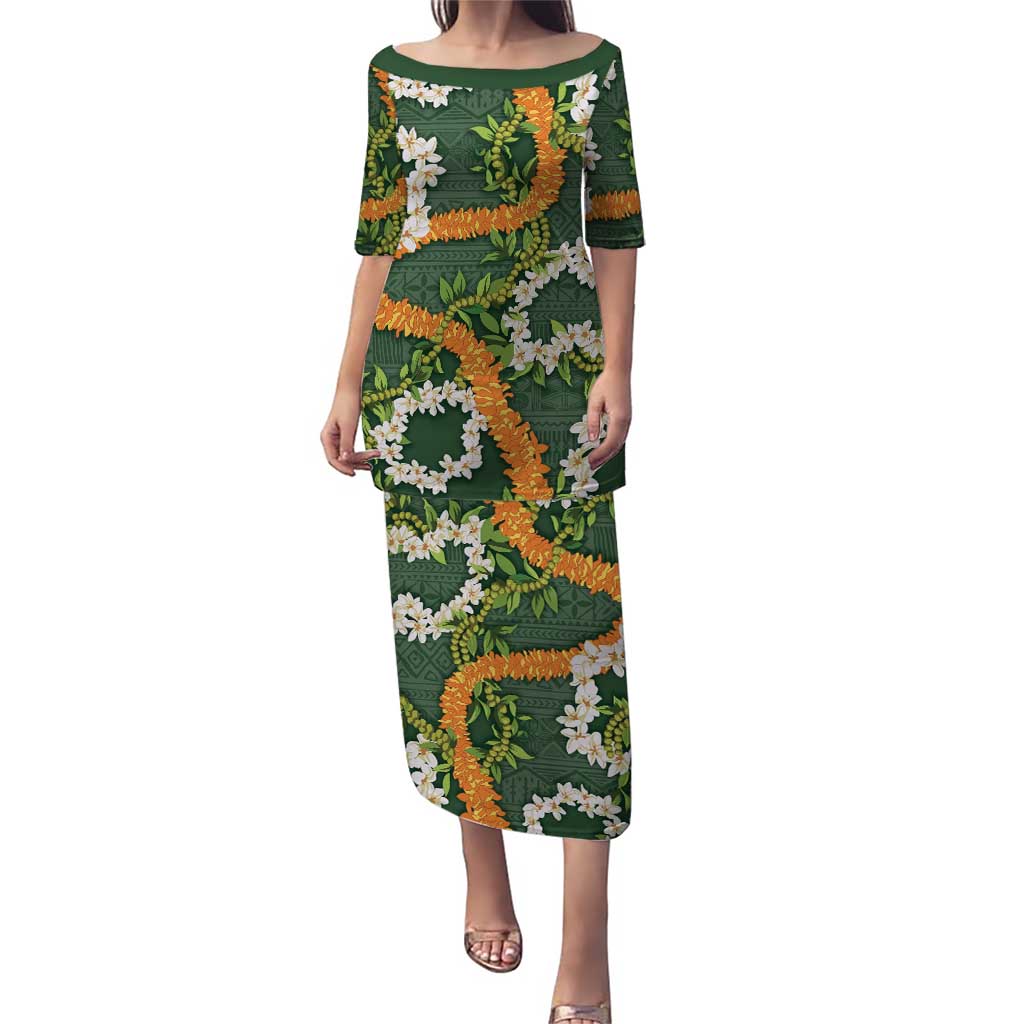 Aloha Festive Hawaii Puletasi Mokihana - Maile and Ilima on Forest Green - Polynesian Pride