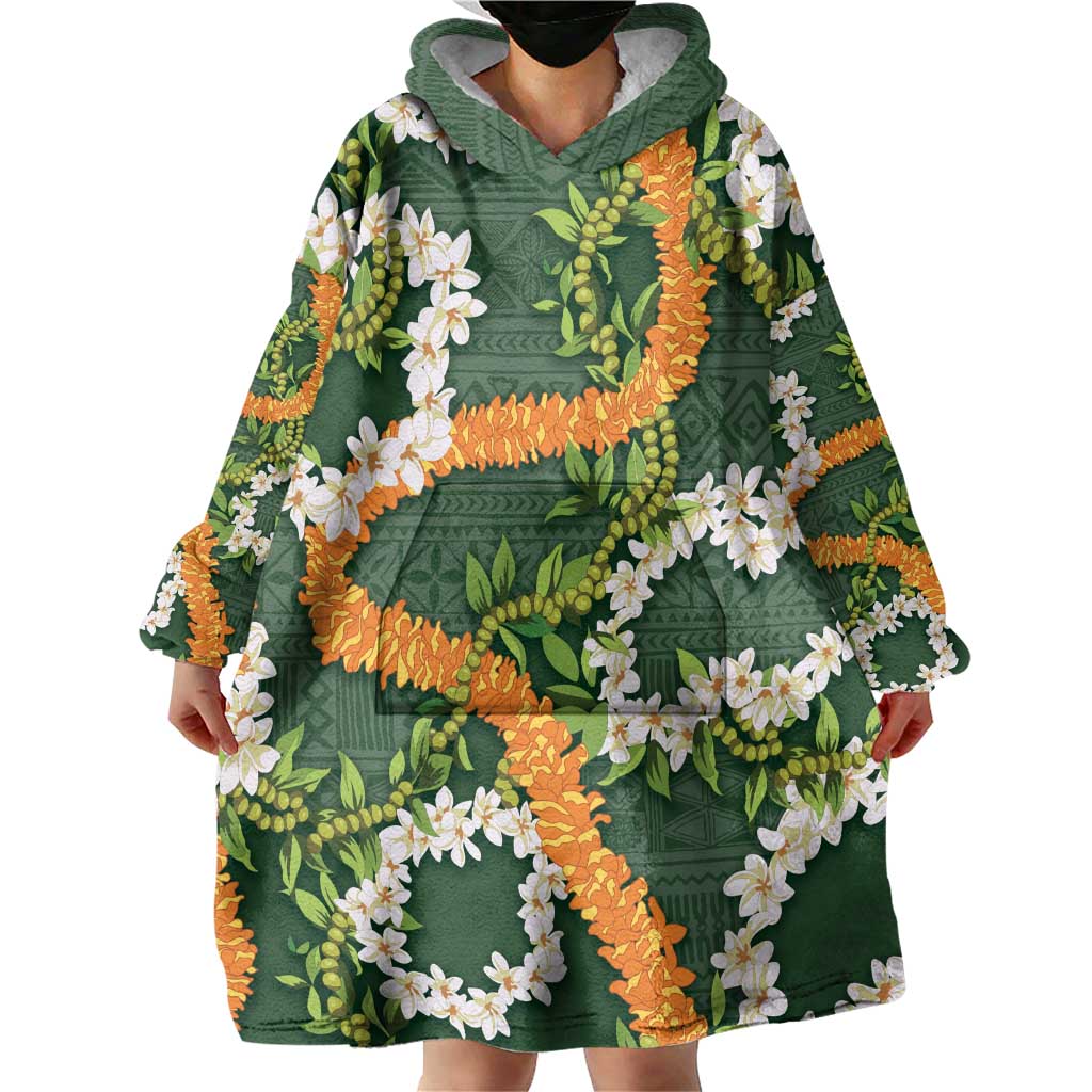 Aloha Festive Hawaii Wearable Blanket Hoodie Mokihana - Maile and Ilima on Forest Green LT7 - Polynesian Pride