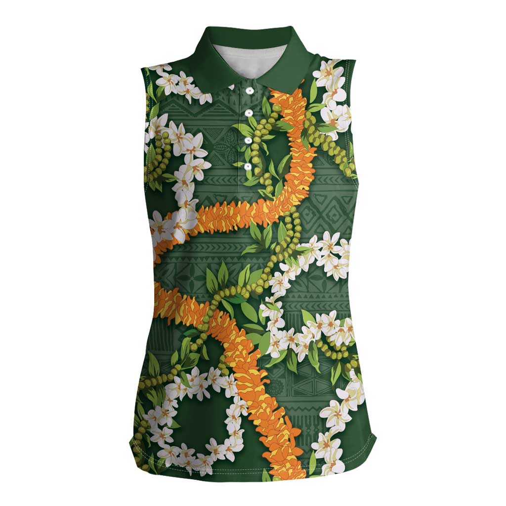 Aloha Festive Hawaii Women Sleeveless Polo Shirt Mokihana - Maile and Ilima on Forest Green LT7 Female Forest Green - Polynesian Pride