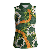 Aloha Festive Hawaii Women Sleeveless Polo Shirt Mokihana - Maile and Ilima on Forest Green LT7 Female Forest Green - Polynesian Pride