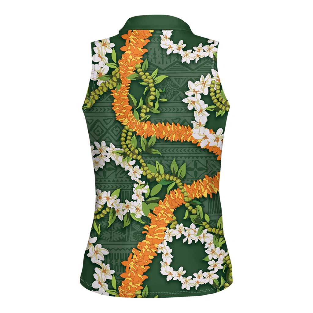 Aloha Festive Hawaii Women Sleeveless Polo Shirt Mokihana - Maile and Ilima on Forest Green LT7 - Polynesian Pride